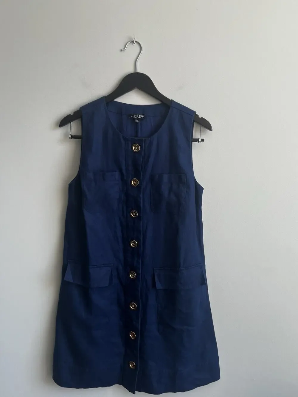 J.CREW Dress Button Front Shift Dress 100% Linen Navy Sleeveless Gold Buttons S